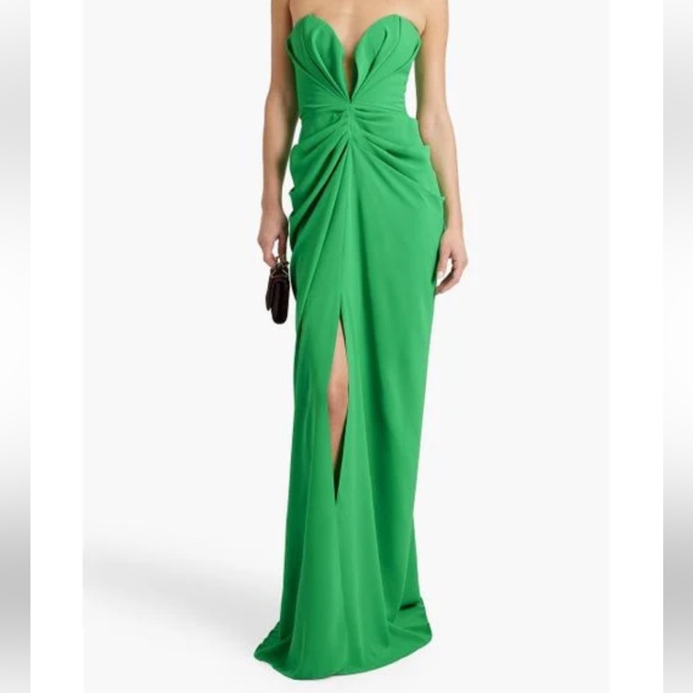 Rhea Costa $1195
Women's Green Strapless Tulle-trimmed Draped Twill Gown